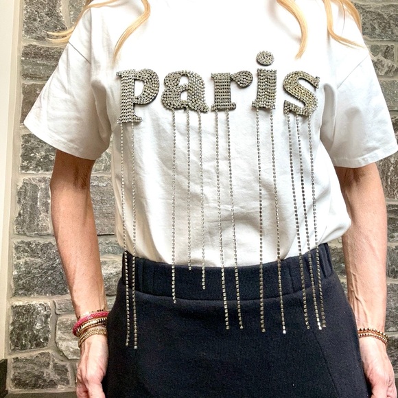 Crystal PARIS T-Shirt with Rhinestone Fringe White Medium - Picture 3 of 12
